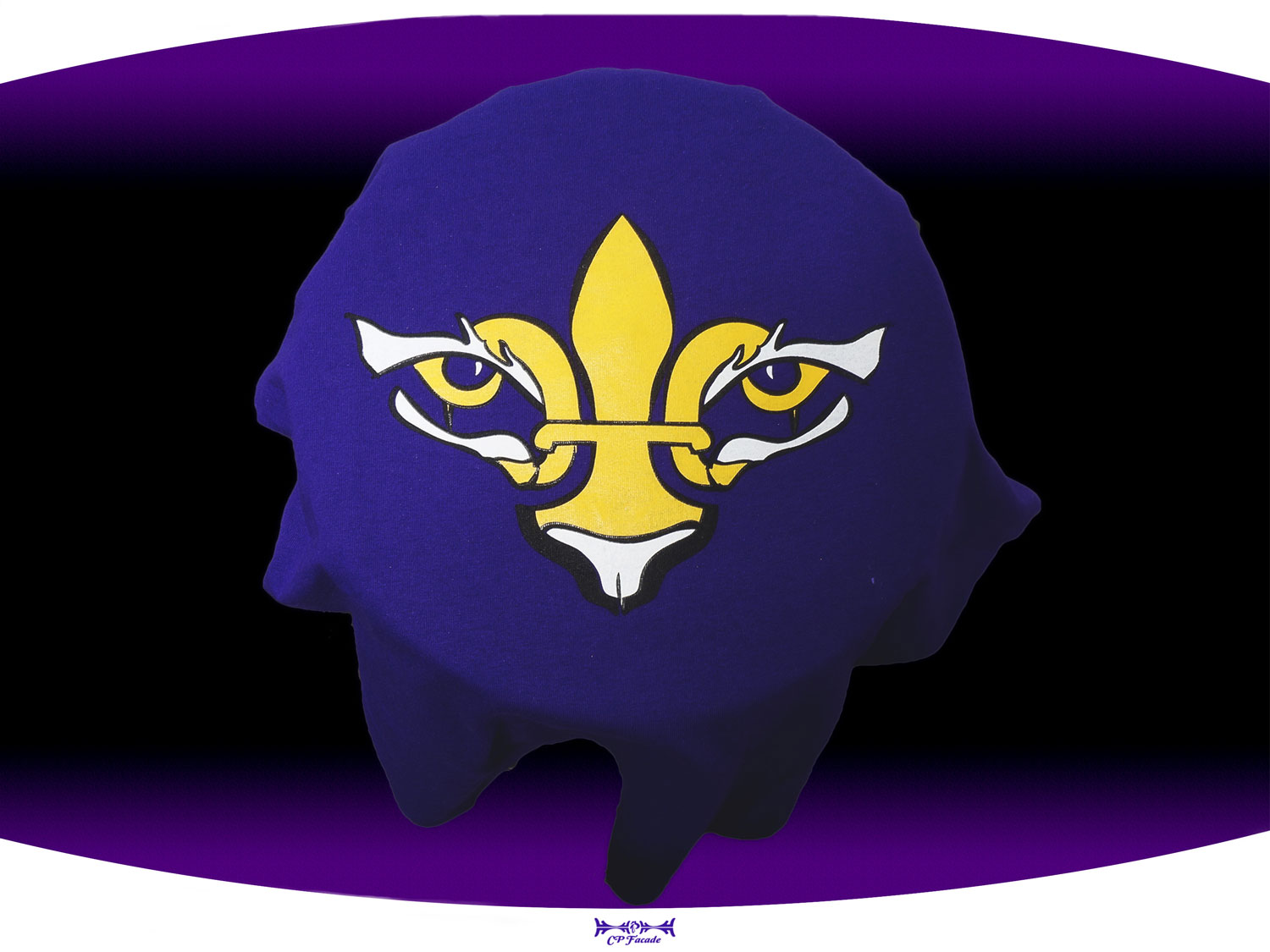 Close up of purple screenprinted  LSU female fitted tee with a gold and white fleur de lis with tiger eyes on the chest